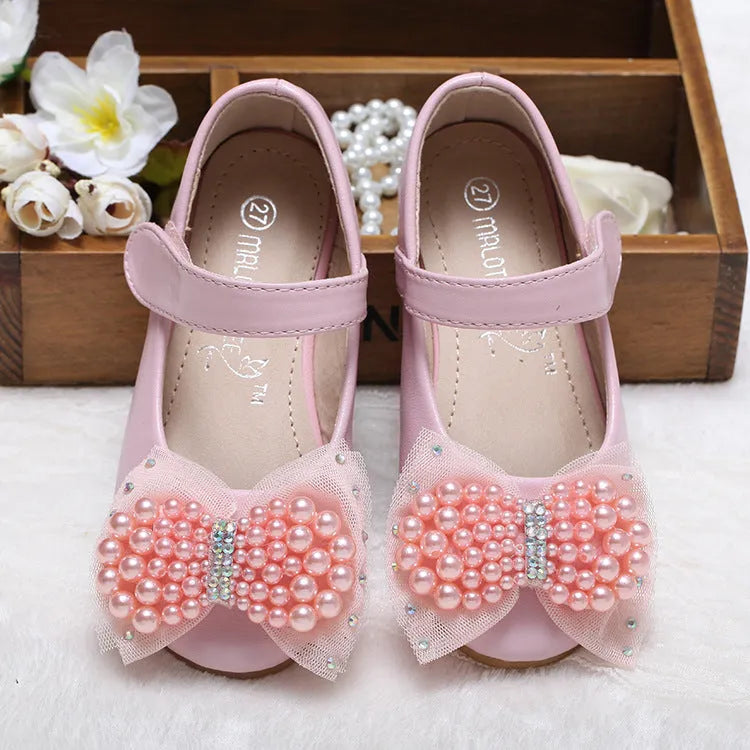 Girls' pearl bow leather wedding shoes, flat heel, Velcro closure, PU upper, beige white pearl colour