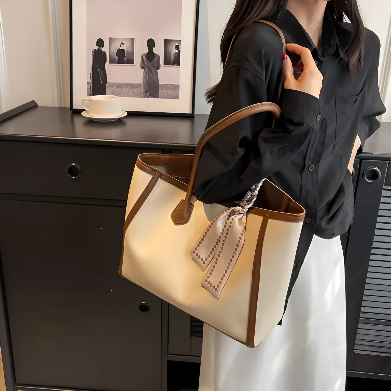 Soft black PU leather horizontal tote shoulder bag with an open outer pocket