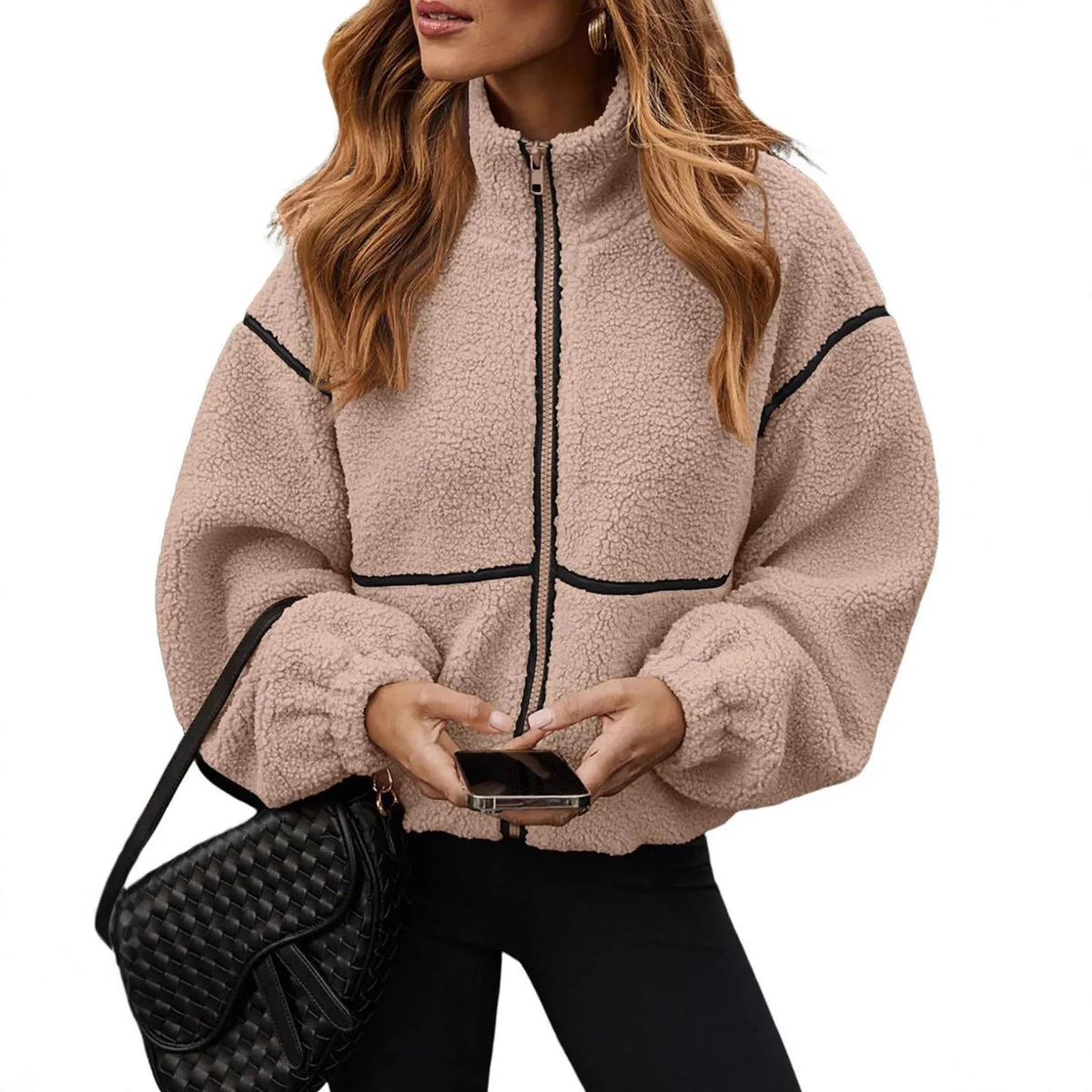 Berber fleece contrast colour stand-up collar women's coat in army green, loose fit, long sleeves, solid colour with splicing detail