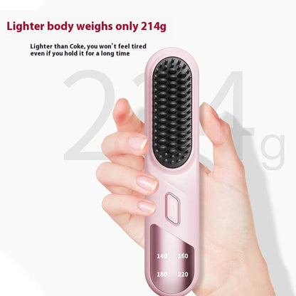 Cordless hair straightener brush in pink, black, and purple options for wet and dry hair styling