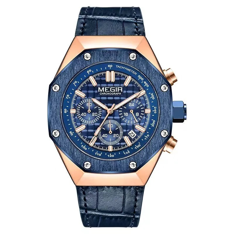 Men's multifunctional waterproof quartz watch with blue, rose gold edge black steel, and all black steel strap options