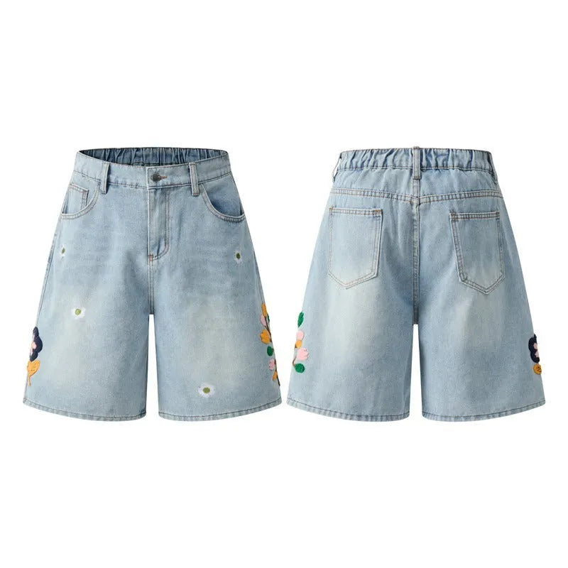 Retro workwear shorts with front zipper in washed cotton cloth, loose fit design