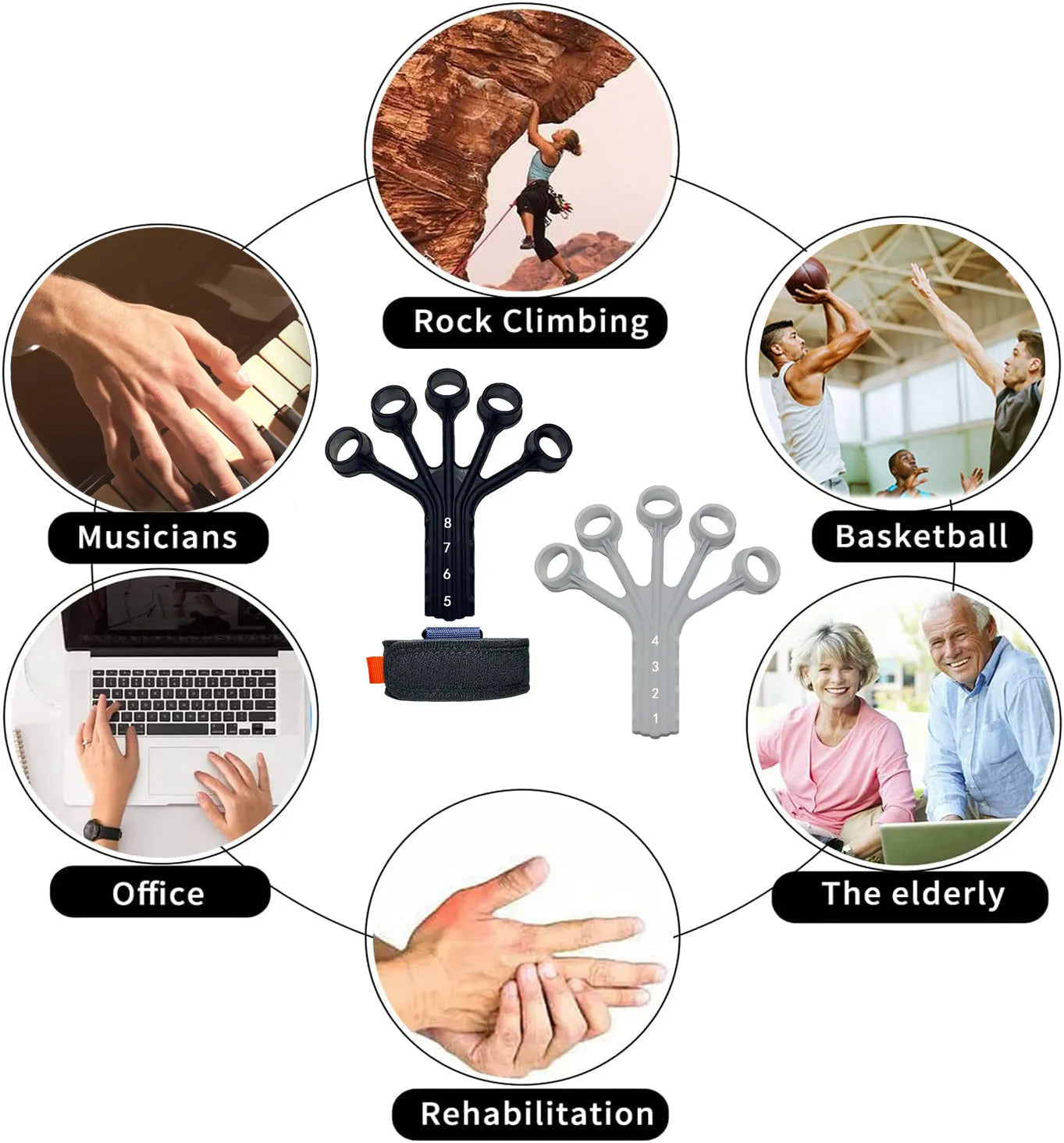 Black silicone finger flexion extension trainer with adjusting belt for hand rehabilitation