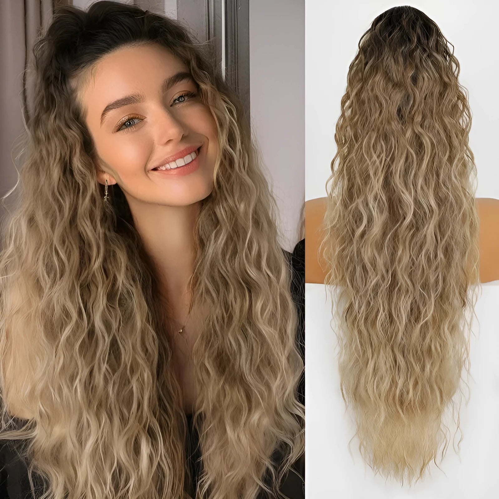 Fluffy long curly 30 inch grip ponytail wig in synthetic high temperature fibre