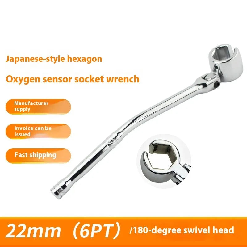 22mm hexagonal chrome-plated oxygen sensor removal socket wrench on a workshop bench.