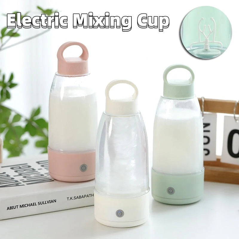 Automatic electric shaker bottle in cream white, peach pink, and new branch green with USB charging