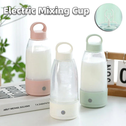 Automatic electric shaker bottle in cream white, peach pink, and new branch green with USB charging
