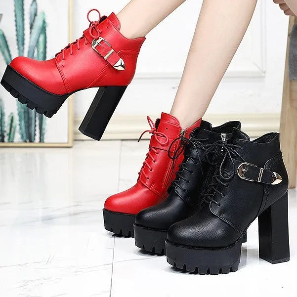 New British Style chunky heel waterproof platform high heels in black, tip toe, back zipper