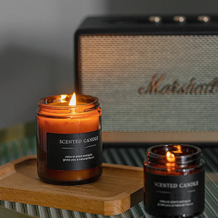 Vintage scented candle in brown bottle with soy wax blend, Sunshine Rose scent, cylindrical shape