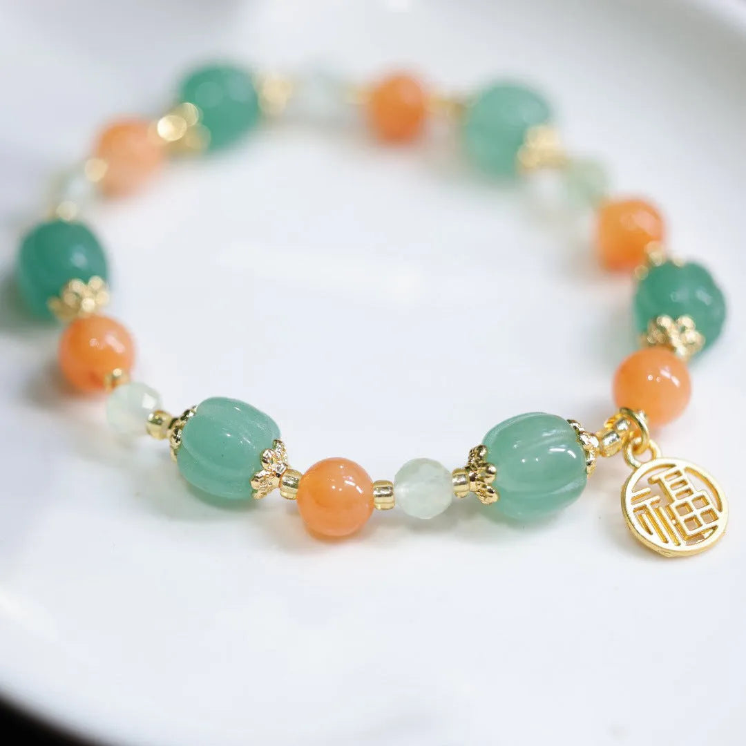 Chinese style Duobao pumpkin bracelet made from Jinsi Jade barrel beads with Prehnite stone, sized for 14-16.5cm wrists.