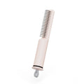 Stainless steel dog dematting comb with ergonomic handle on a pink background