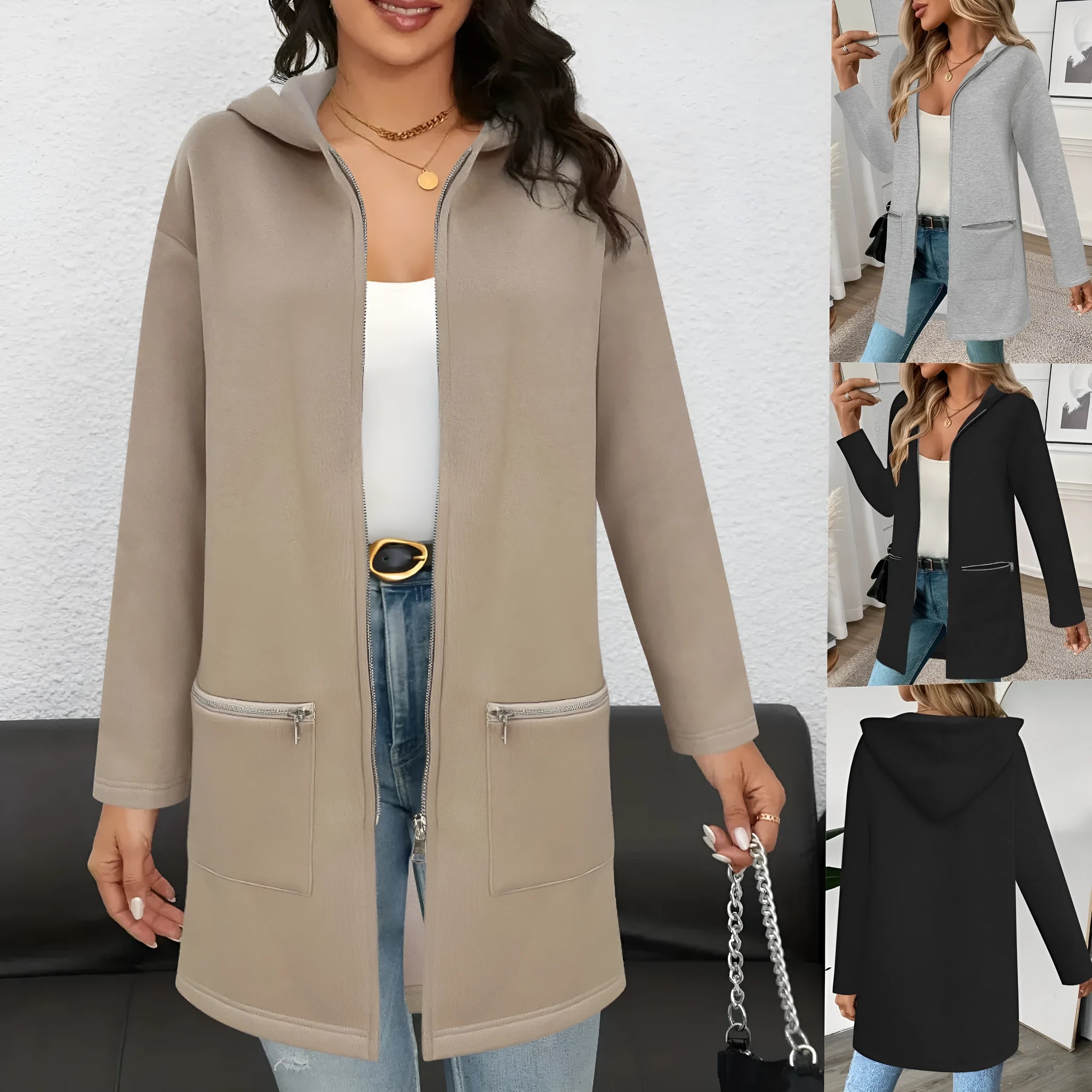 Grey loose fit mid-length women's cardigan coat with front pockets on a hanger.