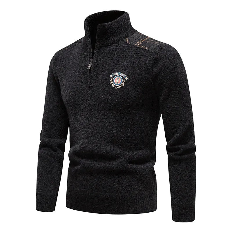 Men's beige velvet stand collar thick winter sweater straight cut pullover