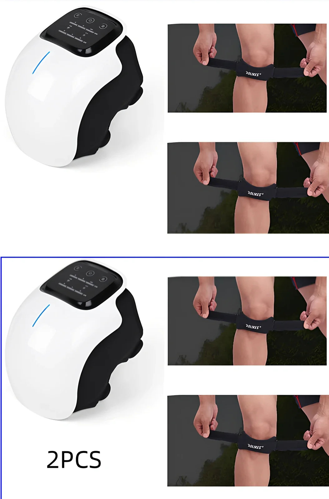 Smart knee massager with adjustable straps and LED display showing intensity levels