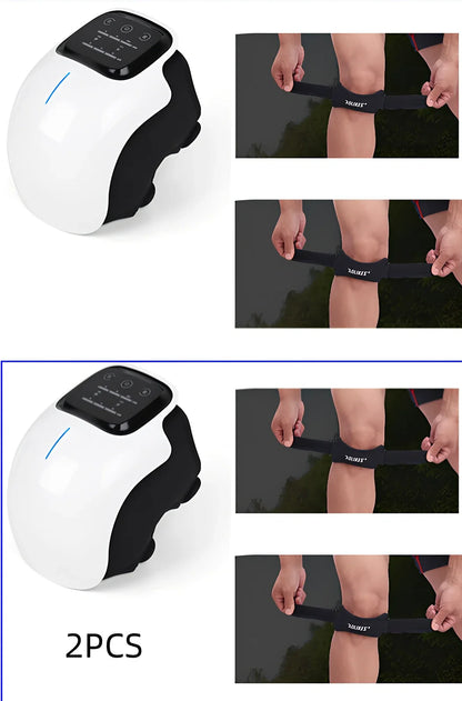 Smart knee massager with adjustable straps and LED display showing intensity levels
