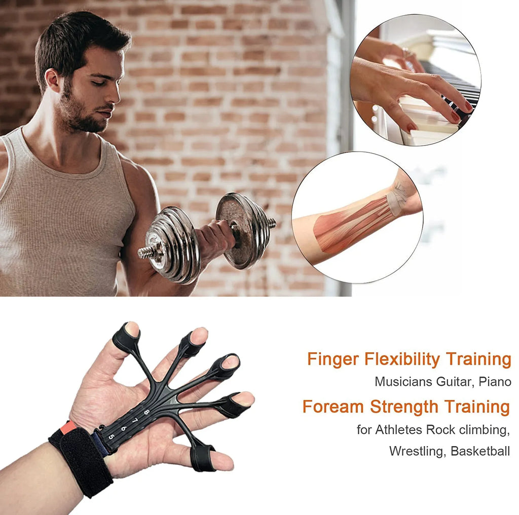 Black silicone finger flexion extension trainer with adjusting belt for hand rehabilitation