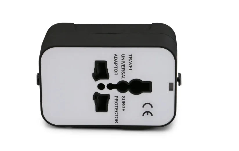 Global Pass Multi-function Travel Adapter in black with dual USB ports and foldable plugs