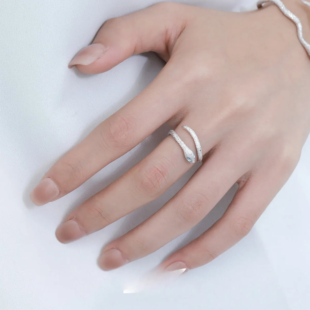 Adjustable opening silver snake ring with platinum colour electroplated finish