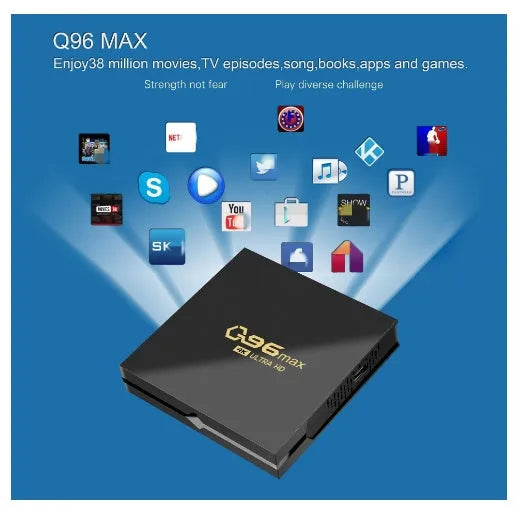 Q96 MAX S905 Android 4K TV Box streaming media player with remote control and accessories on a wooden table.