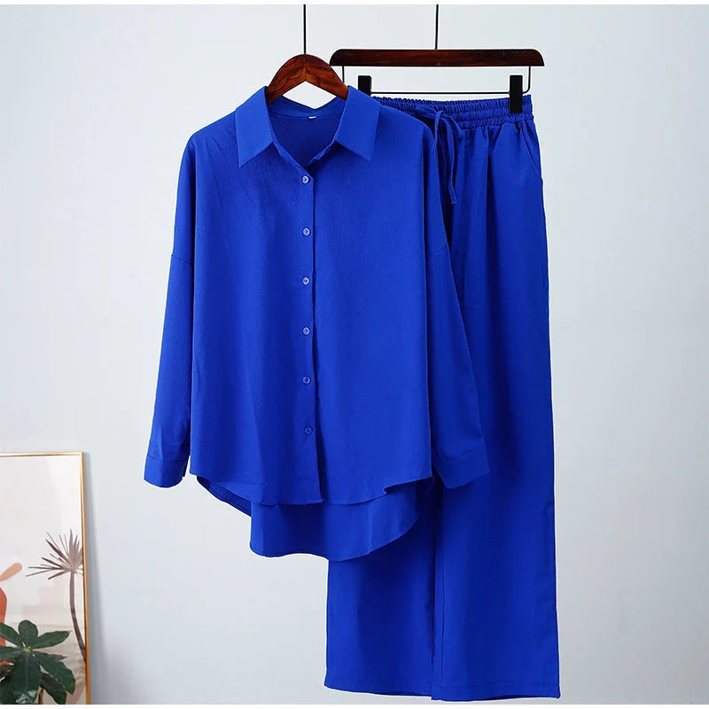 Solid colour long sleeve blouse and pants set in European and American Ins style