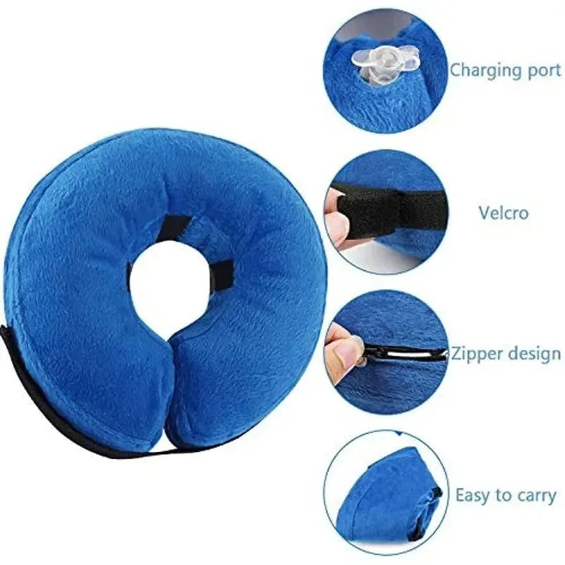 Blue inflatable dog recovery collar with velcro closure shown beside size measurement chart