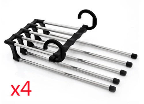 Versatile 5-in-1 stainless steel clothing rack with dual-hook system for organised wardrobe