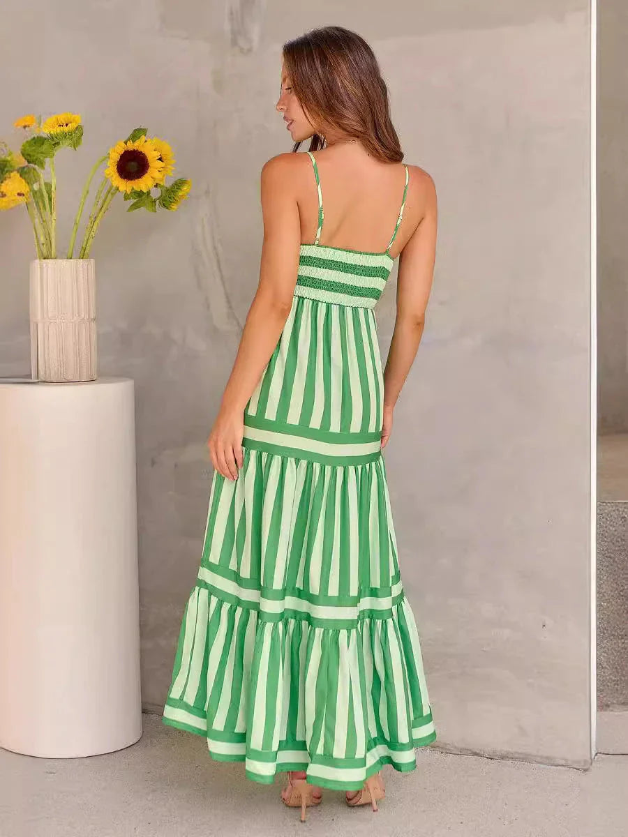 Stylish backless striped dress with square neckline, perfect for beach vacations