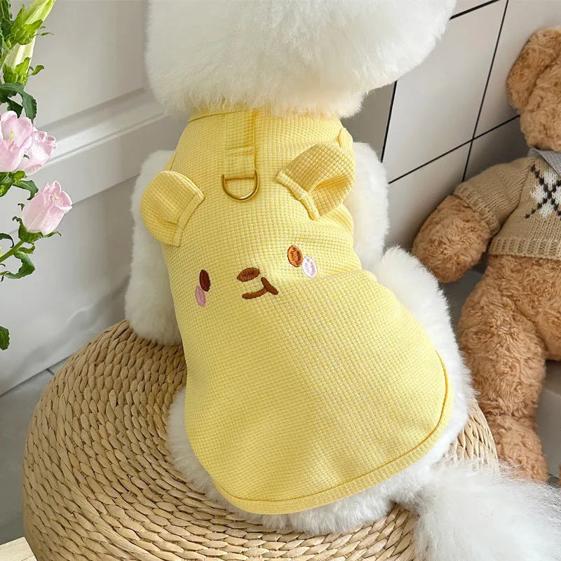 Waffle texture polyester vest for dogs and cats in yellow, pink and white colours showing casual pet clothing design