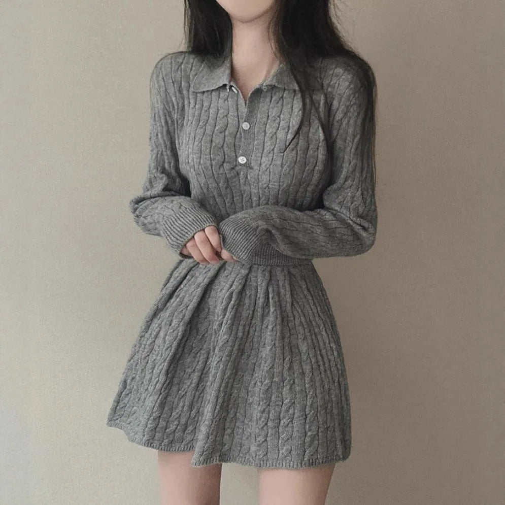 Women's knitted sweater and pleated skirt slim fit matching set in apricot with splicing design