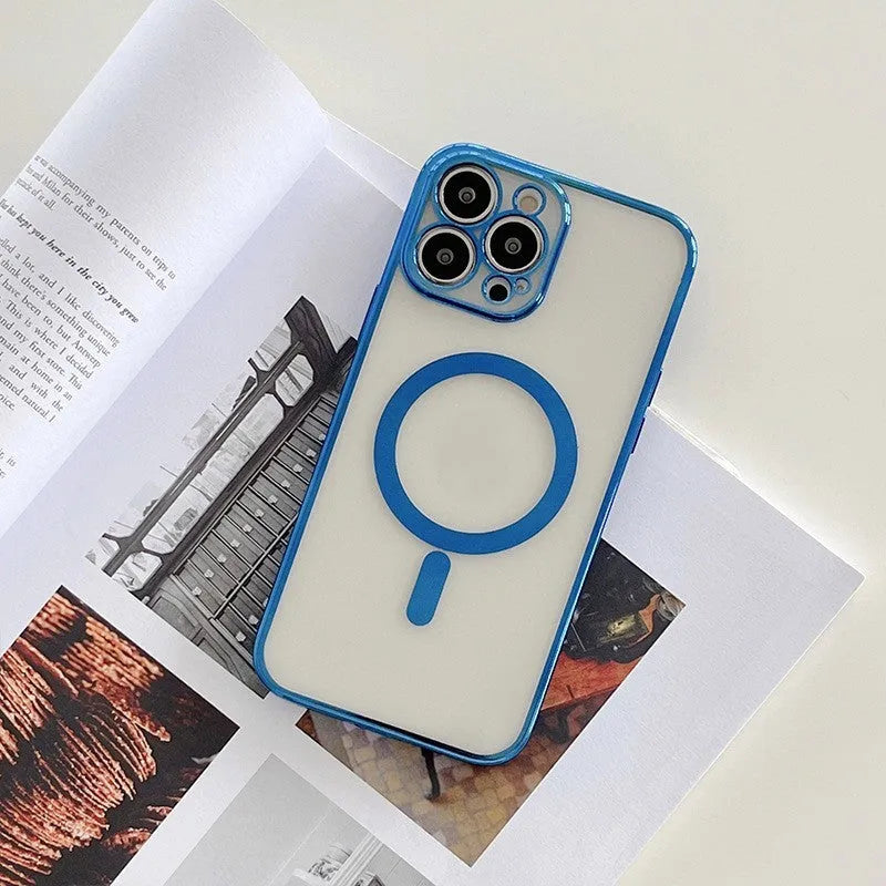 Magnetic charging phone case with plated frame for iPhone in solid colour plastic back cover