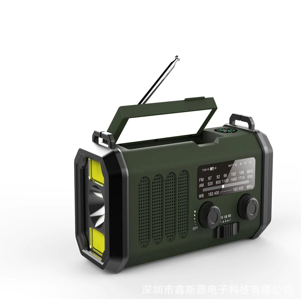 Outdoor emergency solar charging flashlight with FM/AM radio, compass, and wrist strap in army green ABS casing