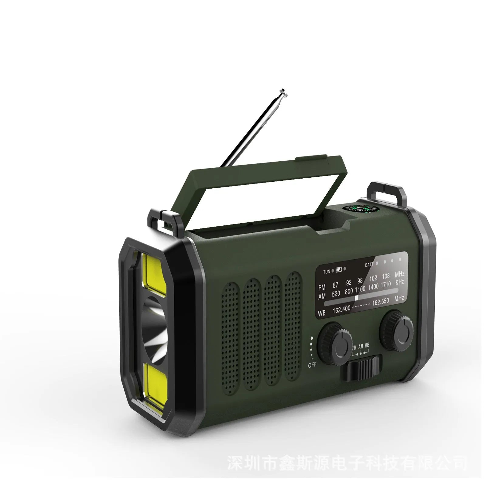 Outdoor emergency solar charging flashlight with FM/AM radio, compass, and wrist strap in army green ABS casing