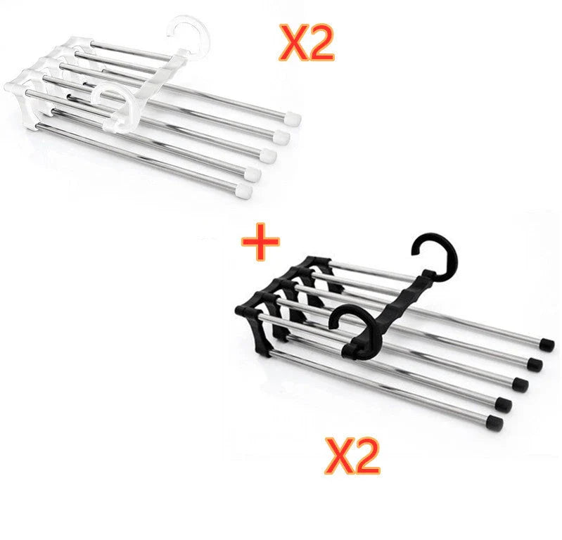 Versatile 5-in-1 stainless steel clothing rack with dual-hook system for organised wardrobe