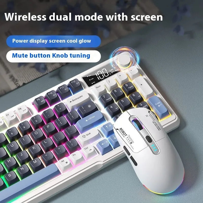 Wireless Bluetooth keyboard and mouse set with mechanical feeling keys shown in blue white colour combination