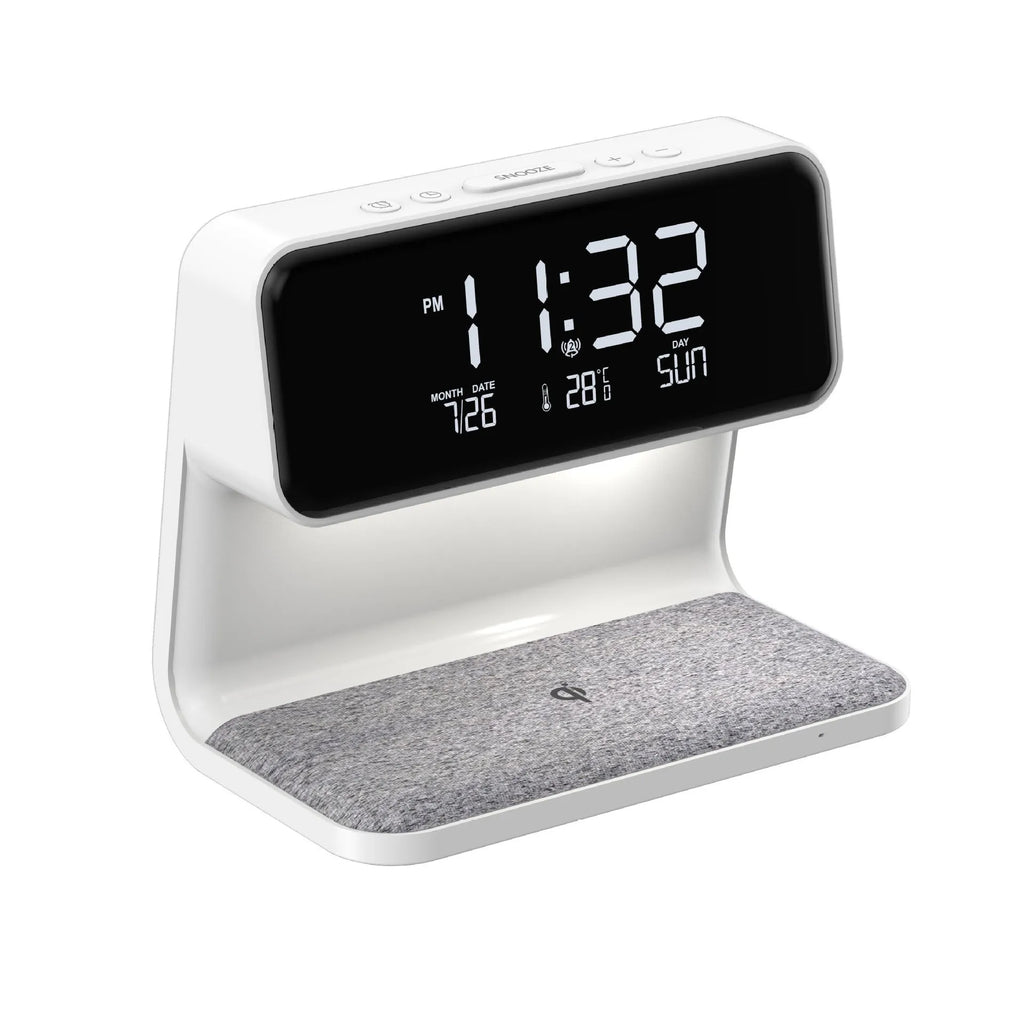 White 3-in-1 bedside lamp with wireless charging pad, LCD alarm clock screen, and touch-sensitive dimming control.
