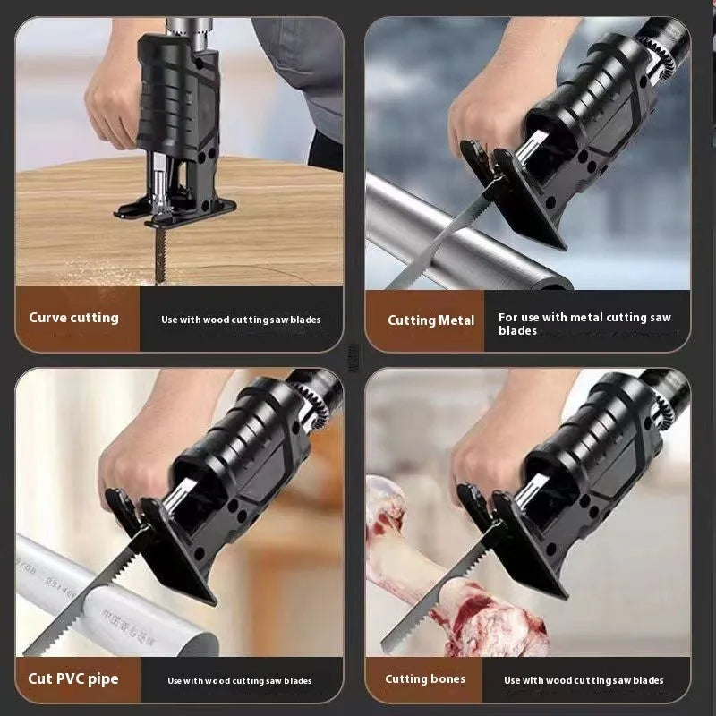 36V handheld chainsaw converter with alloy drive shaft and three saw blades for cutting