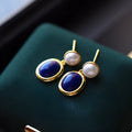 Natural lapis lazuli pearl earrings in sterling silver with auspicious patterns.
