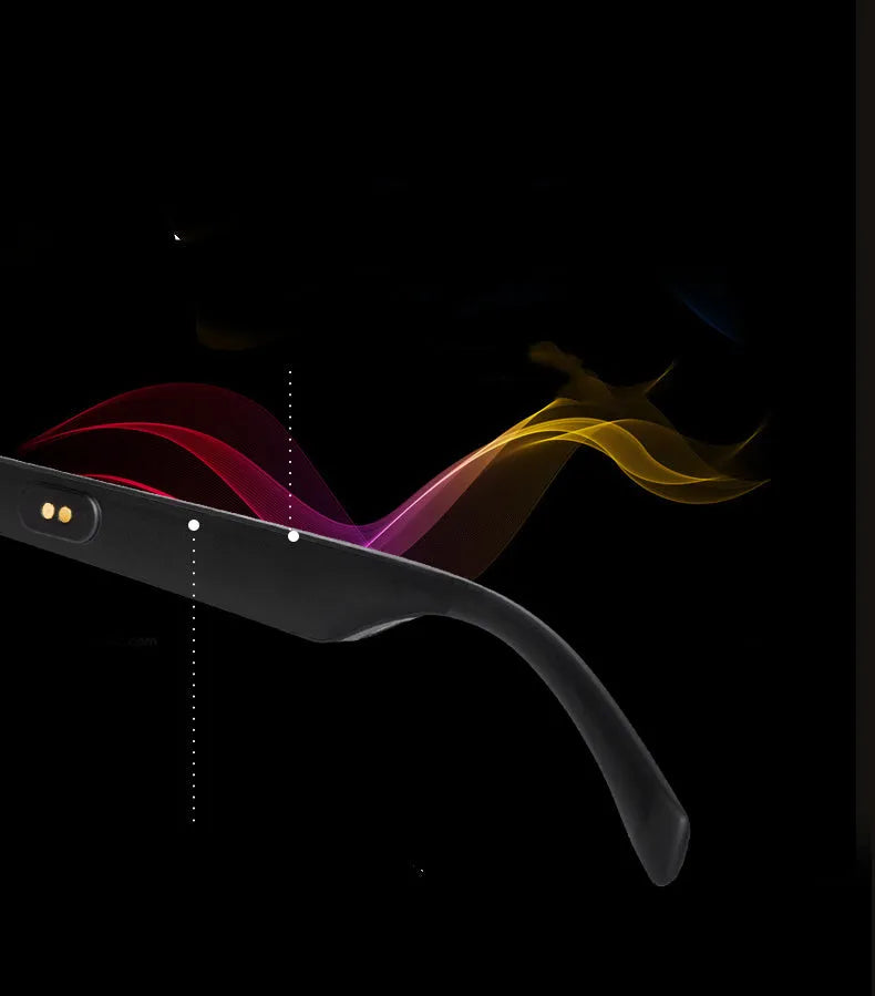 Black smart glasses with semi-open ear design showcasing integrated speakers for Bluetooth audio and calls.