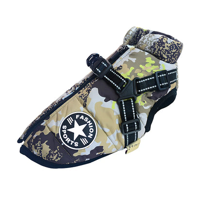 Red cotton chest back integrated vest on dog, sizes S-2XL, waterproof washable pet winter clothing