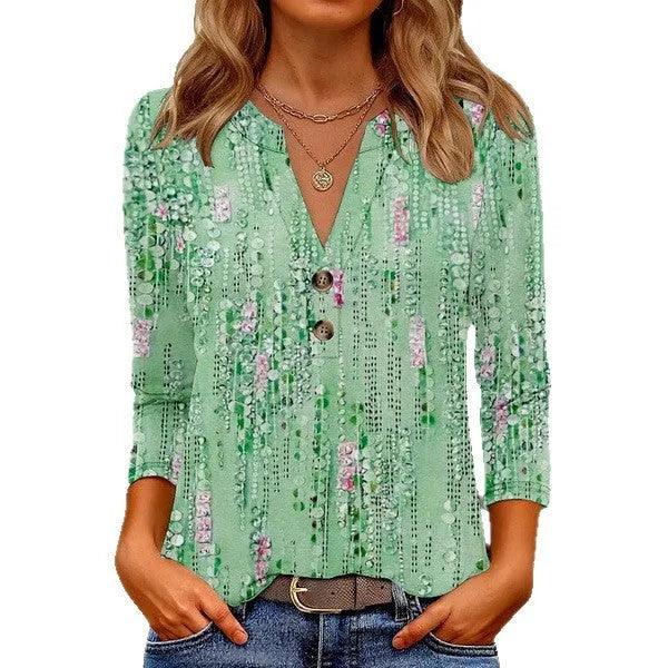 Women's loose fit V-neck casual top with a printed 3D pattern, shown in a colour from the available range.