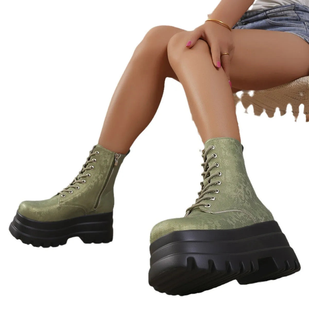 Women's white retro platform boots with patchwork PU upper, chunky heel, and side zipper.