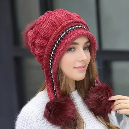 Knit fleece beanie with ear flaps and pompom in various colours for winter warmth