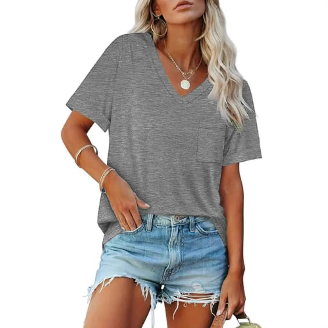 Grey loose fit V-neck T-shirt with a chest pocket on a plain background.
