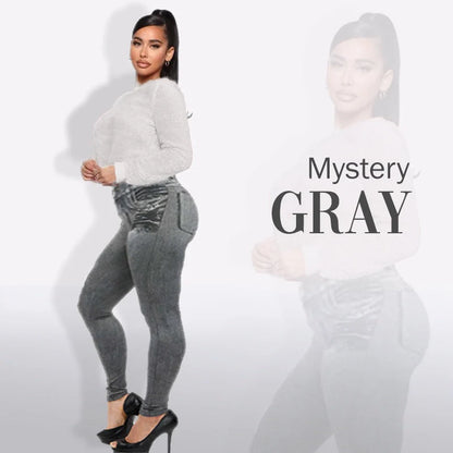 High rise waist skinny slim fit stretch denim pants in black, blue, and grey