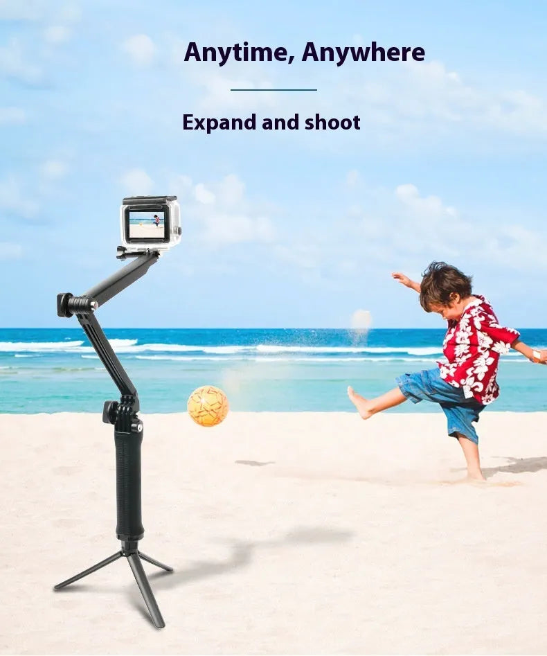 Black portable folding tripod for GoPro Hero action cameras in compact storage position.