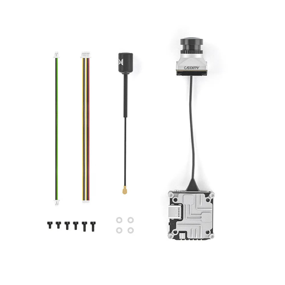 Caddx ADAPTS DJI FPV digital image transmission machine kit in silver with Polar Vista module and mounting hardware.