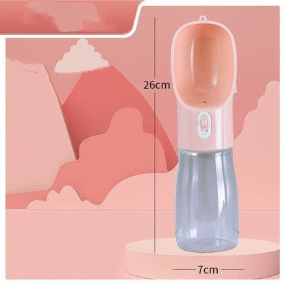 Portable Dog Water Bottle Feeder for outdoor adventures, available in blue, pink, green, and grey.