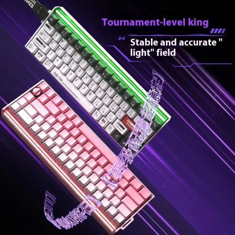 BOOM68 compact mechanical keyboard with RGB backlighting on a desk.