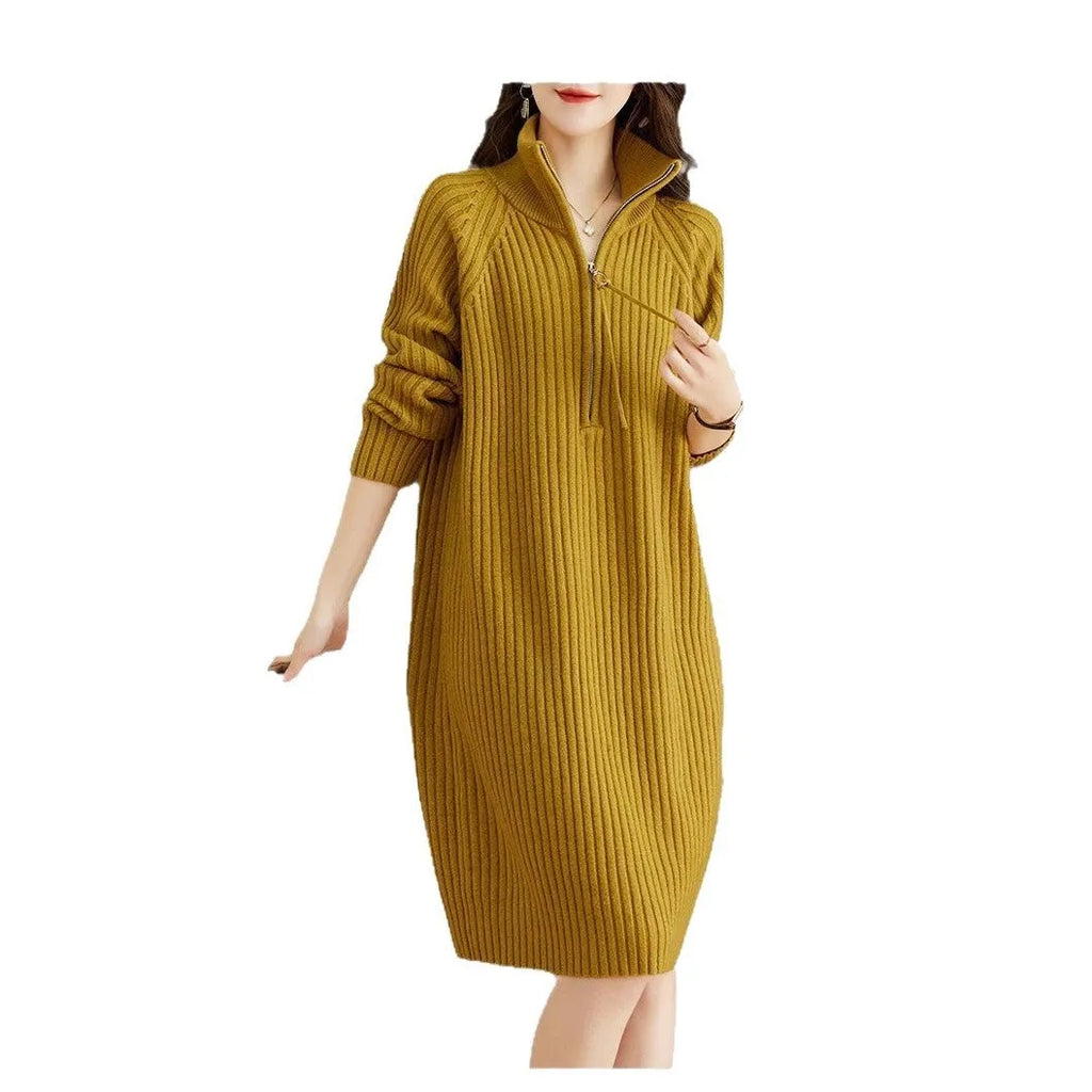 Beige half zip straight skirt with long sleeves and a stand collar, shown on a model.