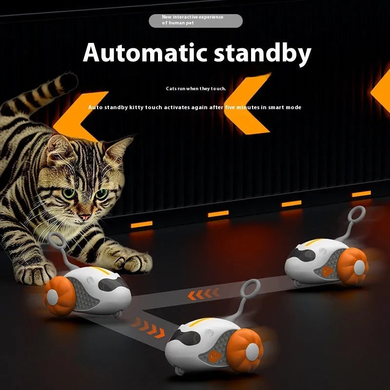 Charging cat teaser remote control toy with replaceable feather attachments in blue and orange colour options